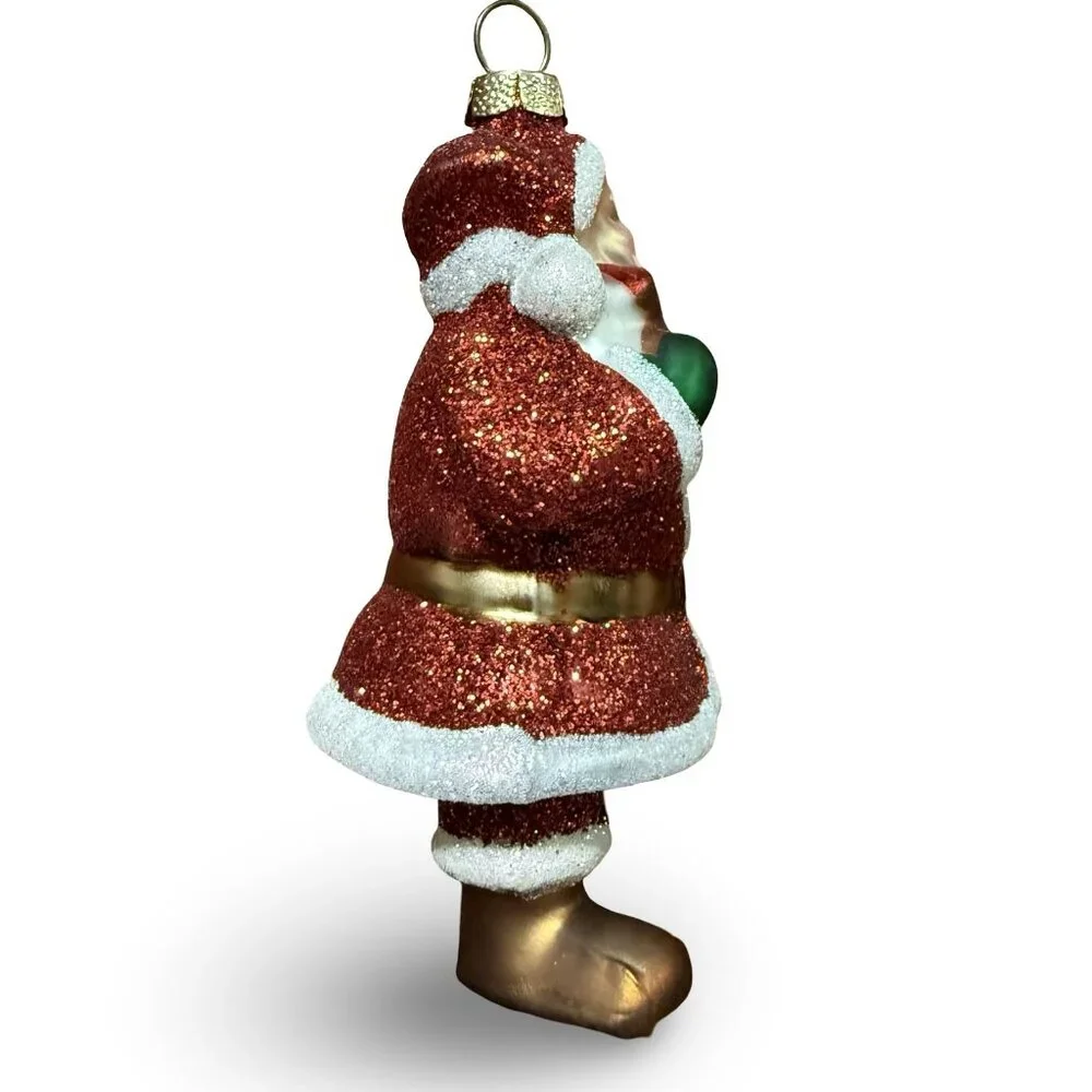 Hallmark‎ Santa Christmas Ornament Glass Hand Painted Red Glitter w/ Gingerbread